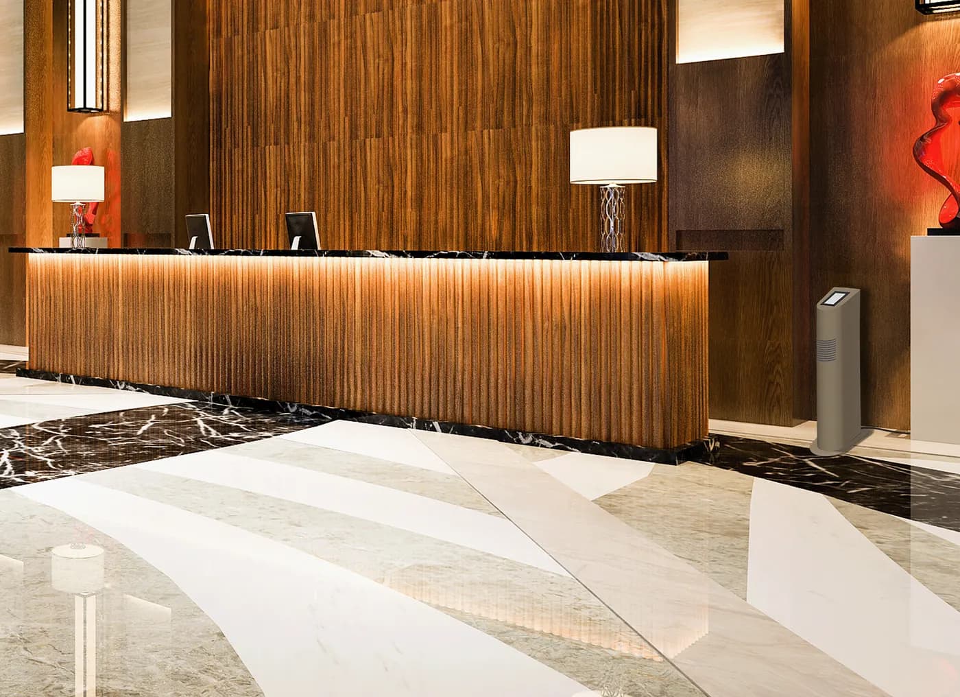 Luxury hotel lobby with a professional ambient scent diffuser beside reception